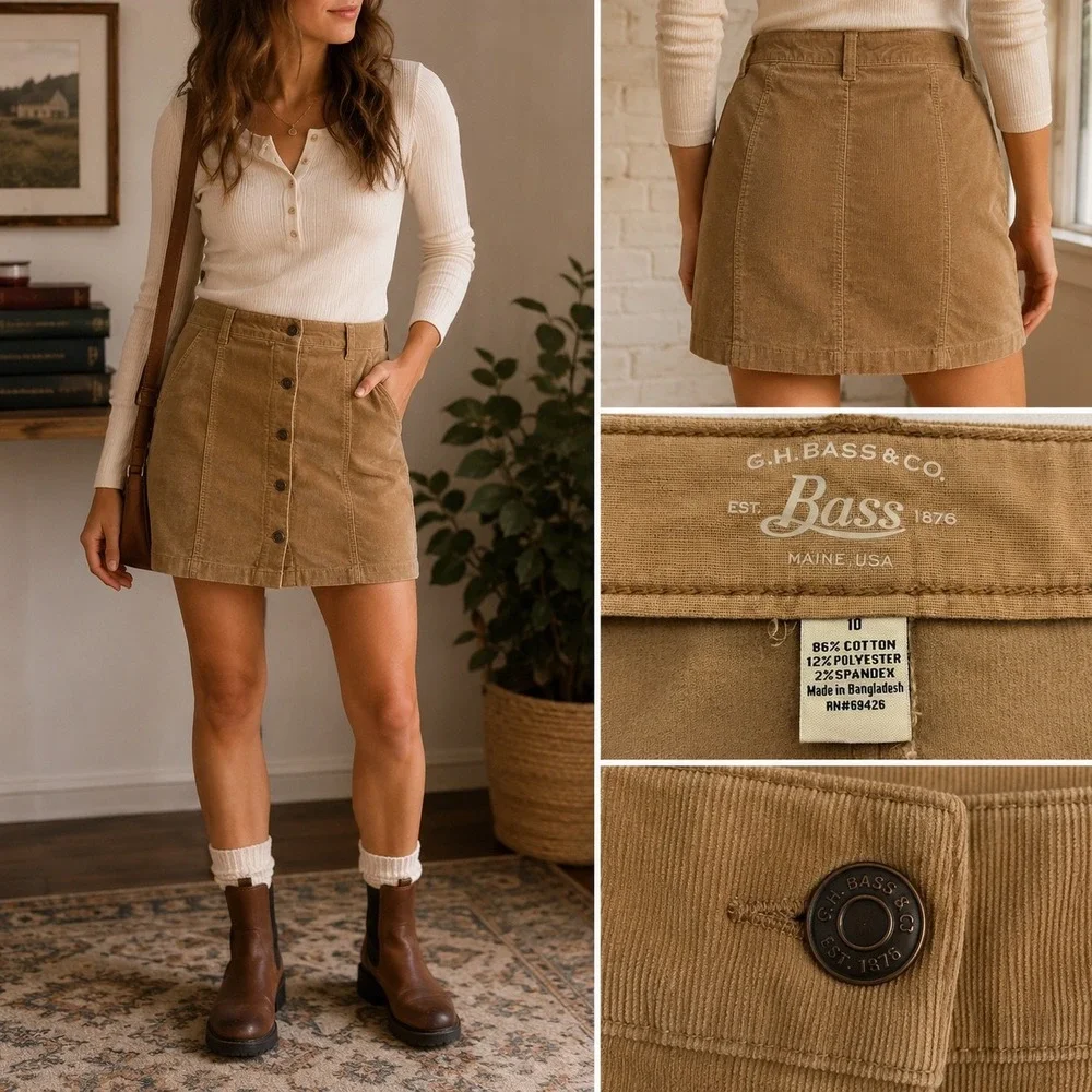 G.H. Bass & Co. Tan Brown Corduroy Button‎ Front Mini Skirt Size 10 Vintage